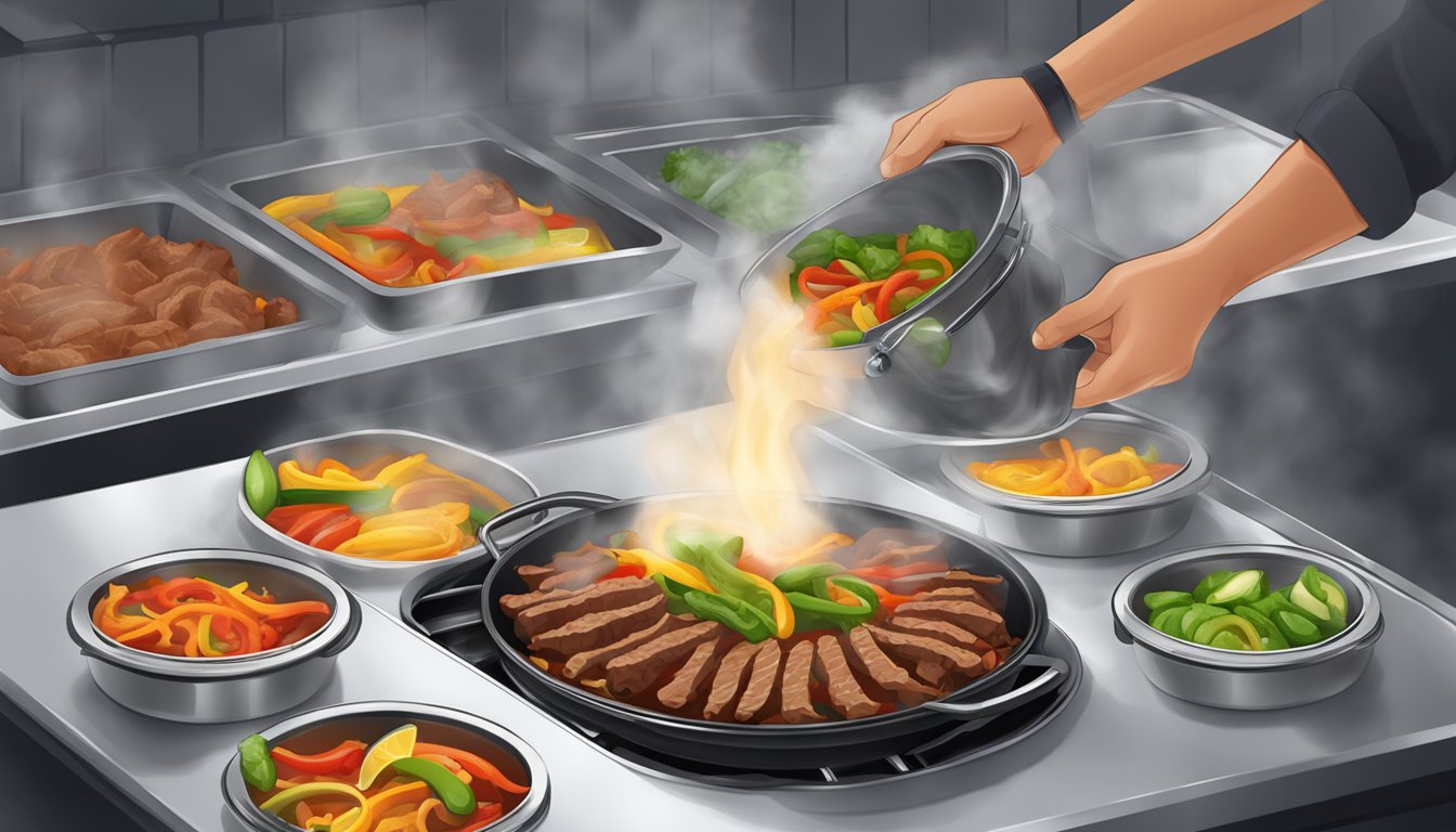 A sizzling skillet of beef fajitas being carefully transferred into airtight containers for storage, with steam rising from the freshly cooked meat and vegetables