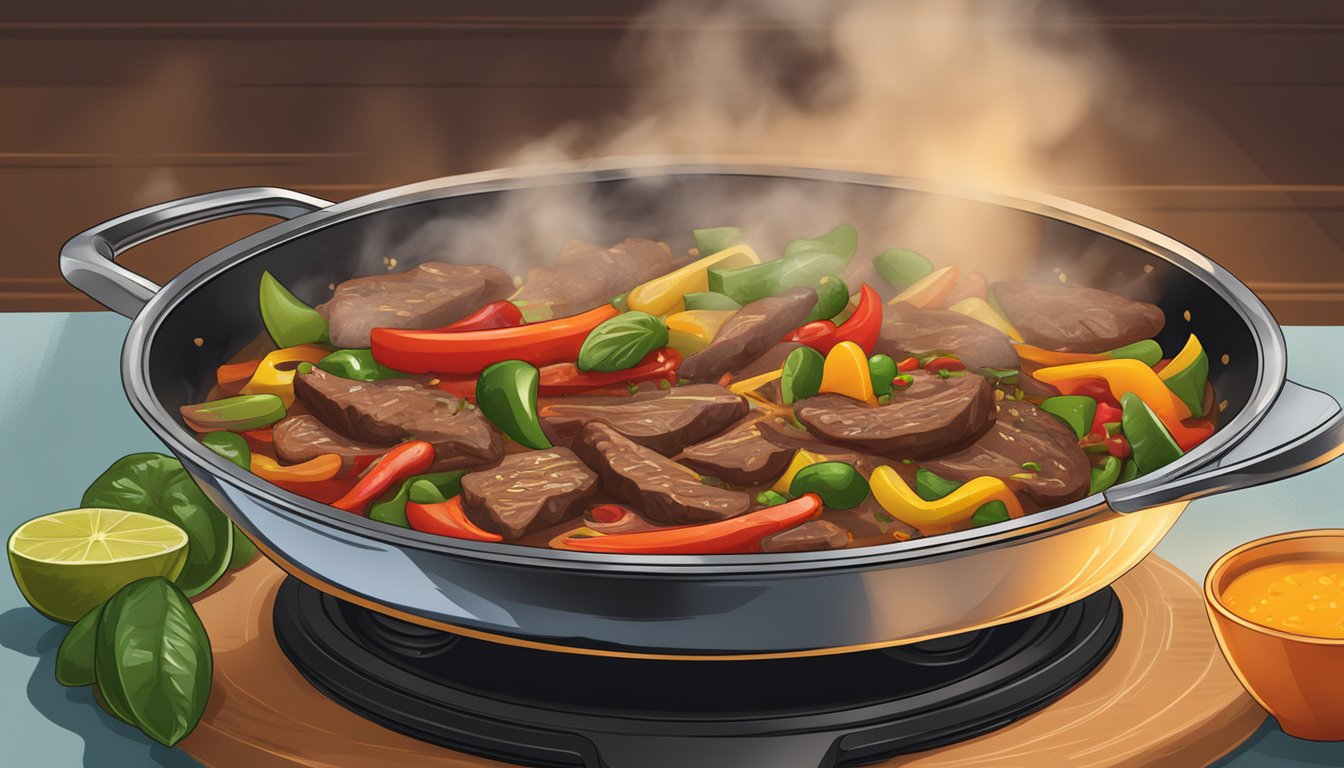 A sizzling skillet of beef fajitas on a stovetop, with steam rising and the aroma of spices filling the air