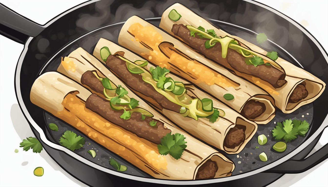 Beef flautas sizzling in a hot skillet, steam rising, as they are reheated to achieve a perfect crispy texture