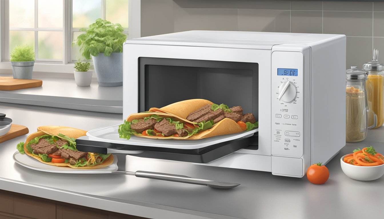 A plate of beef gyros sits on a microwave-safe dish. The microwave door is open, and the plate is being placed inside. The timer is set for 1 minute