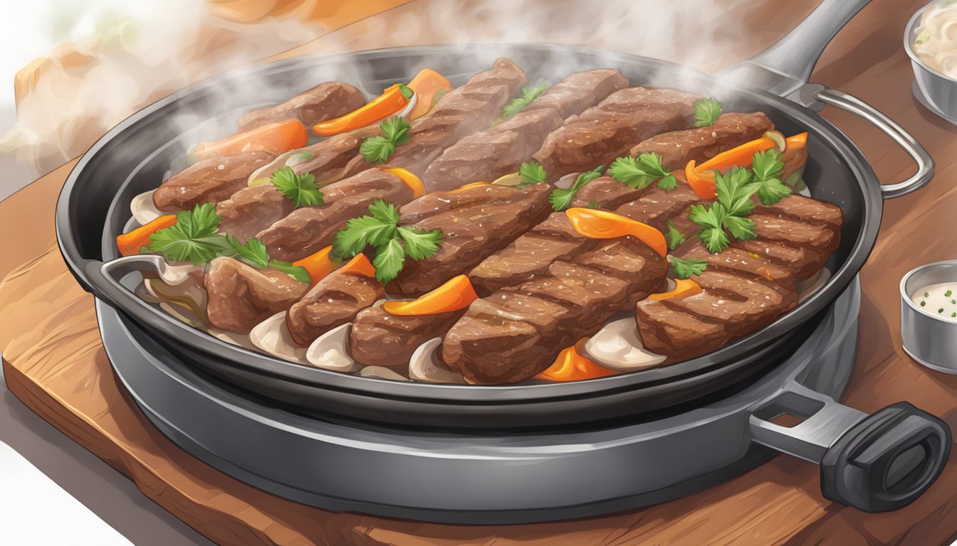 Sizzling gyro meat on a hot skillet, steam rising