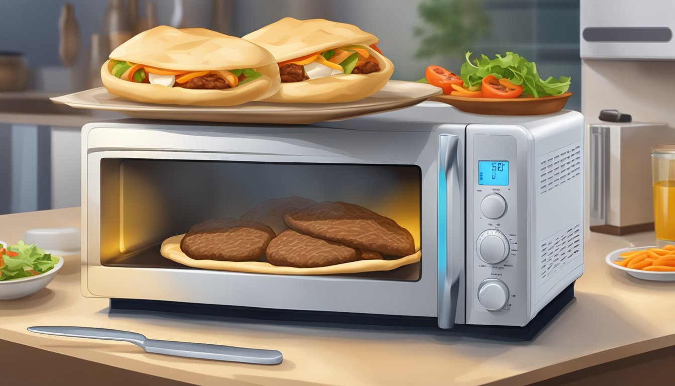 A pita bread and beef gyros on a plate being warmed in a microwave