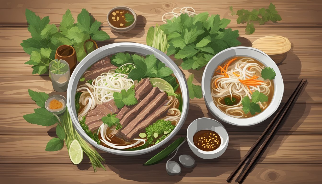 A steaming bowl of beef pho sits on a rustic wooden table, surrounded by fresh herbs and condiments, with a pair of chopsticks resting on the side