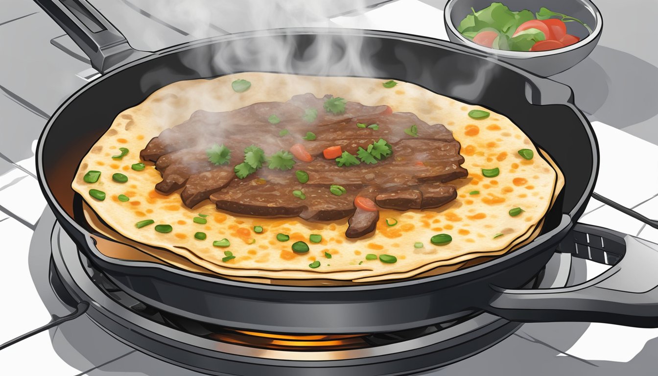 A beef quesadilla sizzling on a hot skillet, steam rising as it is being reheated