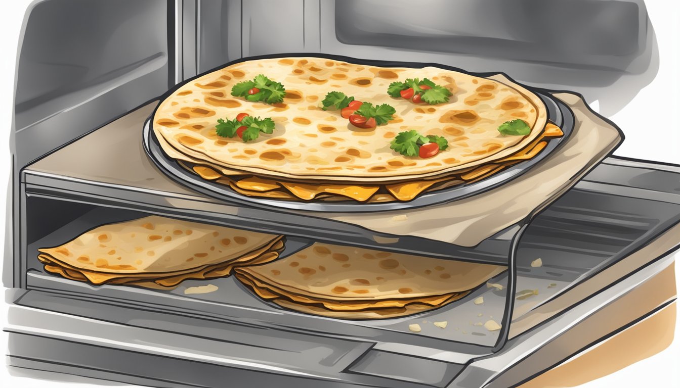 A beef quesadilla sits on a baking sheet in the oven, the cheese melting and the tortilla crisping up as it reheats