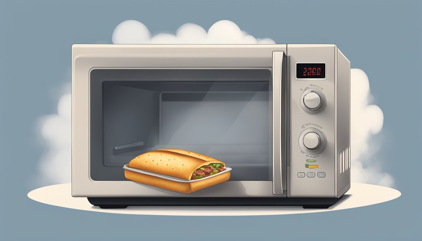 A microwave with a beef hot pocket on a plate, steam rising from the pocket as it heats up