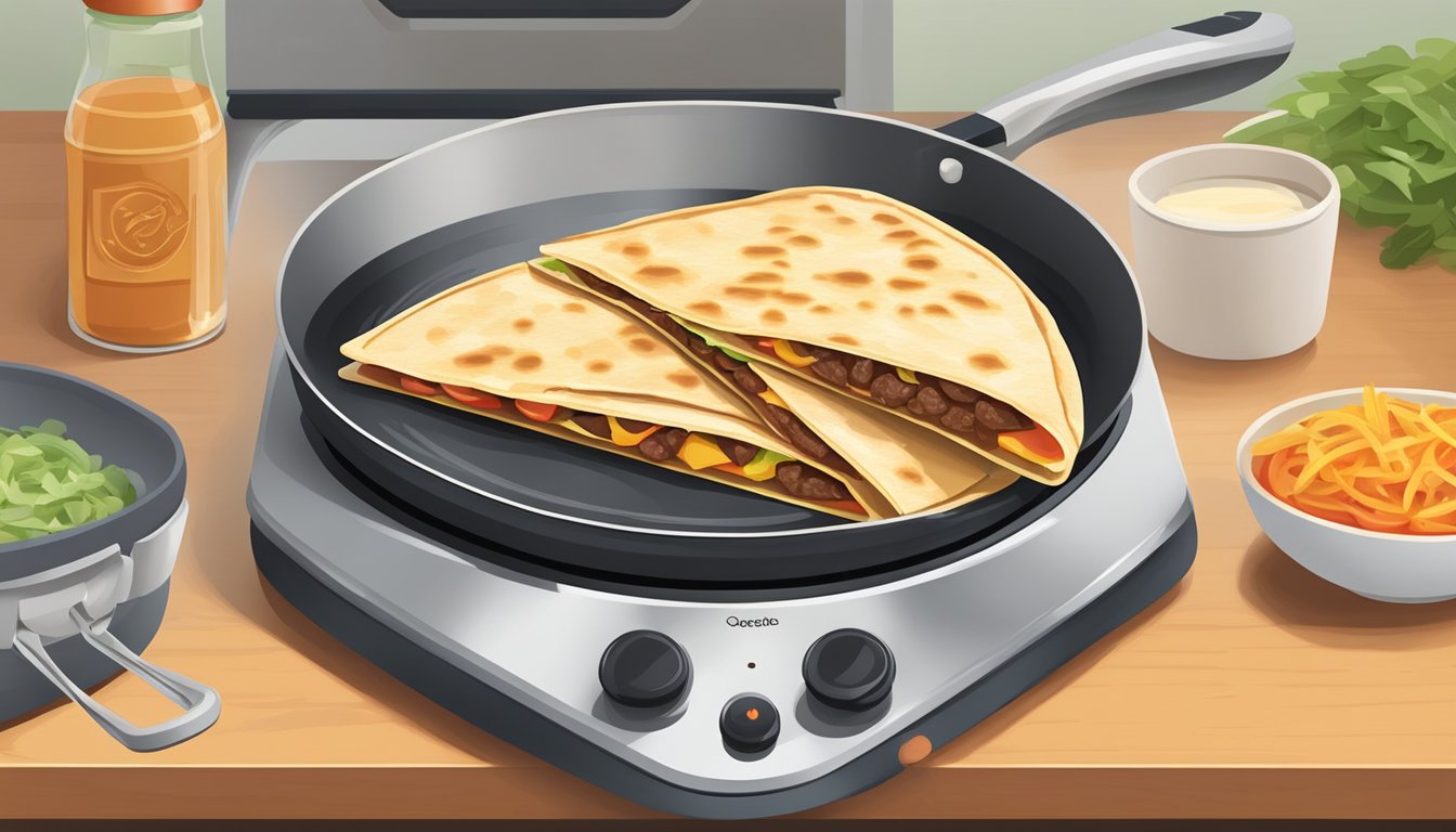 A stovetop with a pan heating beef quesadillas, spatula nearby