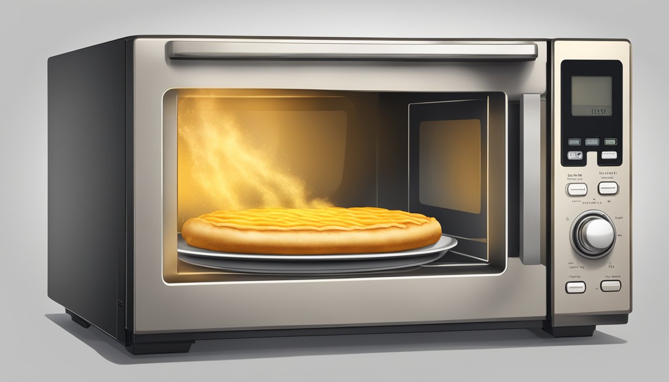 A microwave with a spinning hot pocket on a plate, steam rising from the golden brown crust