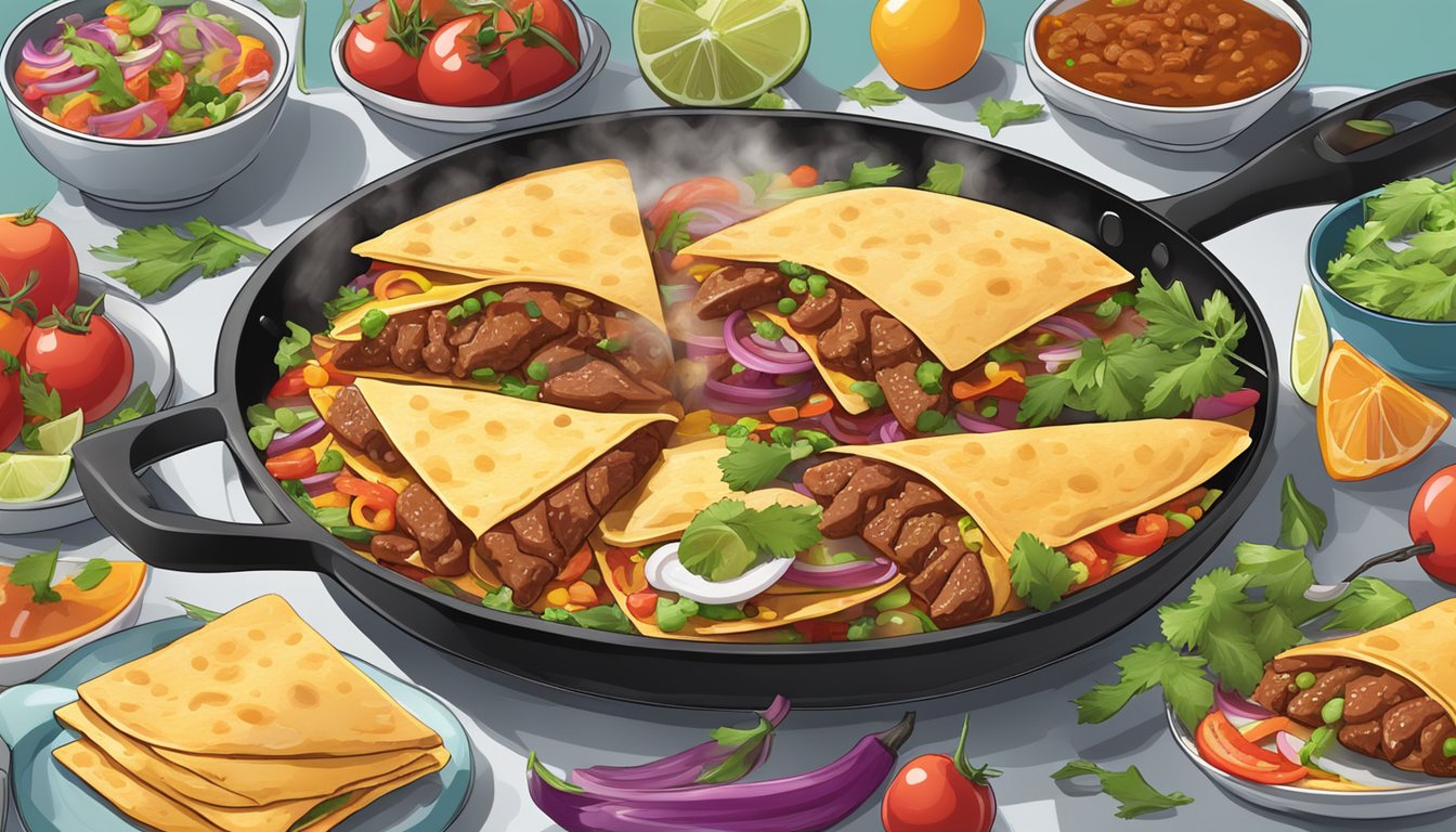 A sizzling skillet with reheated beef quesadillas, steam rising, surrounded by colorful ingredients and garnishes