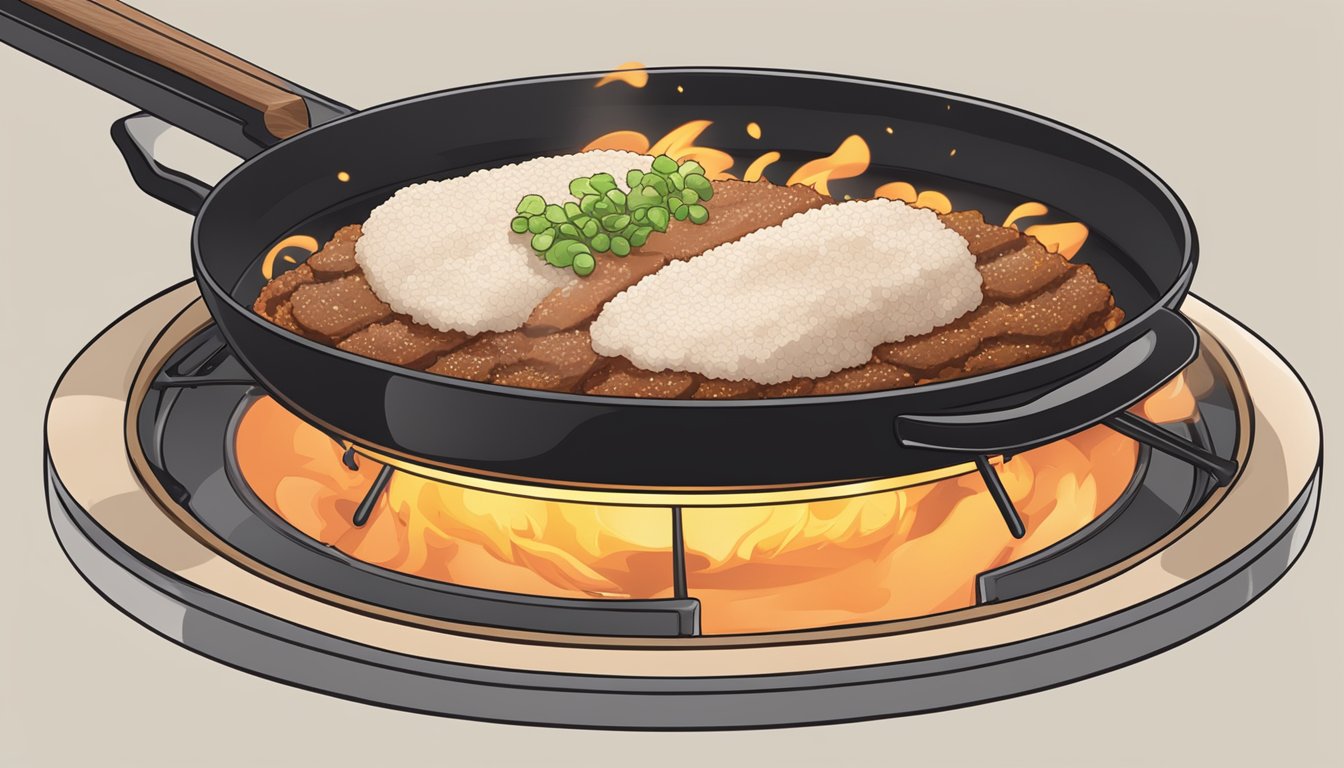 A sizzling pan with beef katsu being reheated, emitting a mouthwatering aroma while maintaining its crispy exterior