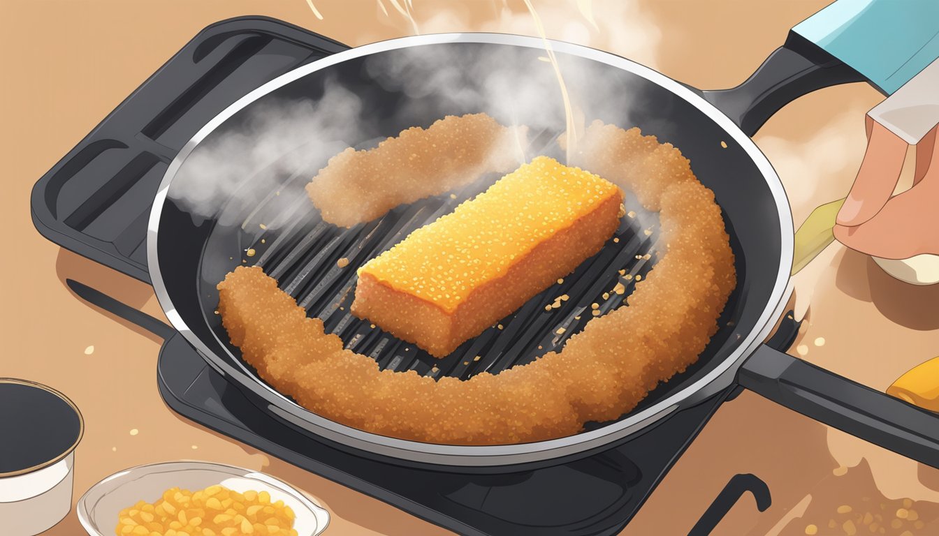 A sizzling hot pan with a golden-brown beef katsu being flipped with a spatula, steam rising, and a crispy coating