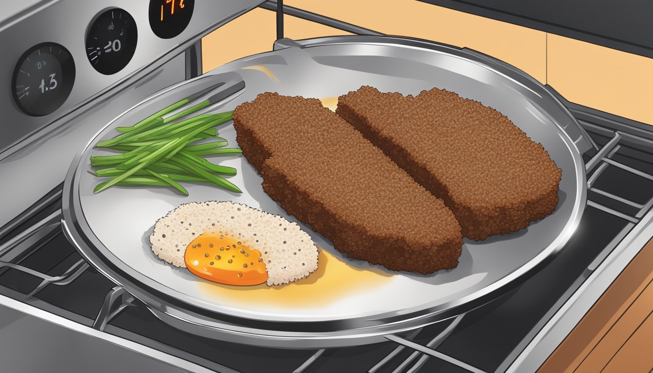 A plate of beef katsu being reheated in the oven, with a thermometer nearby to ensure the proper temperature for maximum flavor and crispiness