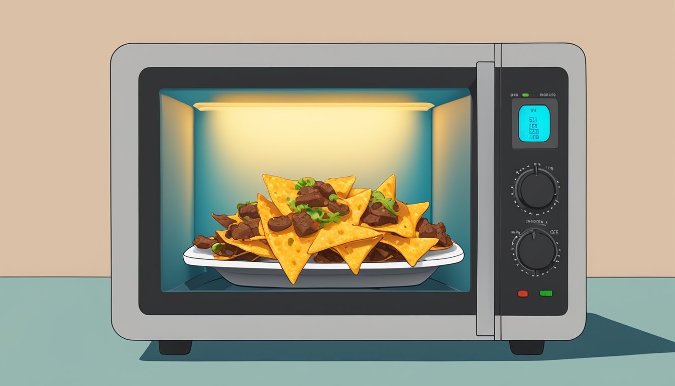 A plate of beef nachos being reheated in a microwave