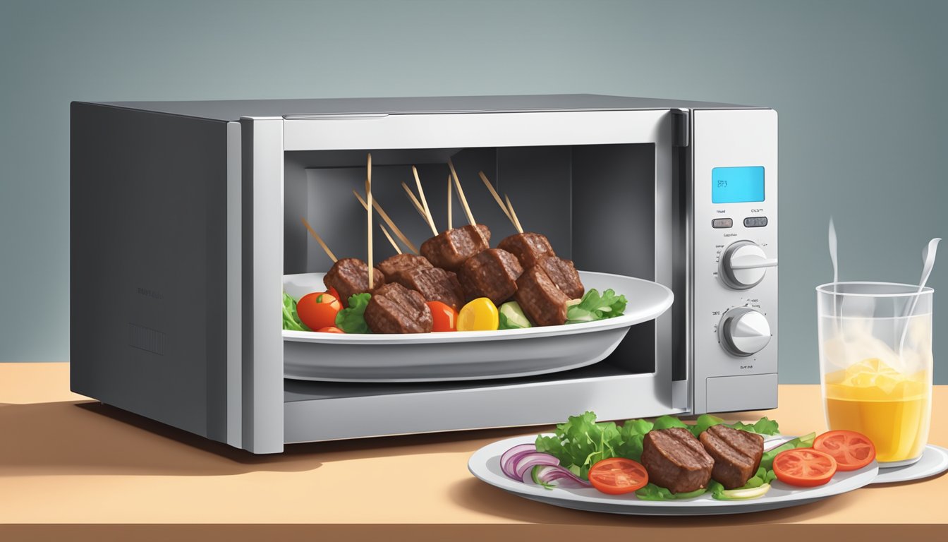 A plate of beef kebabs being reheated in a microwave with steam rising from the hot food