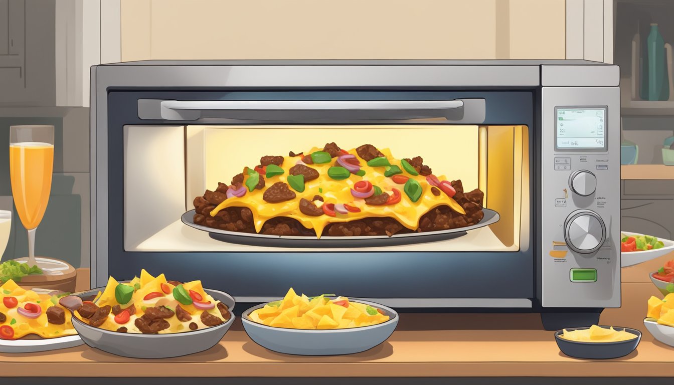 A plate of beef nachos being reheated in the microwave, with melted cheese and toppings bubbling and sizzling