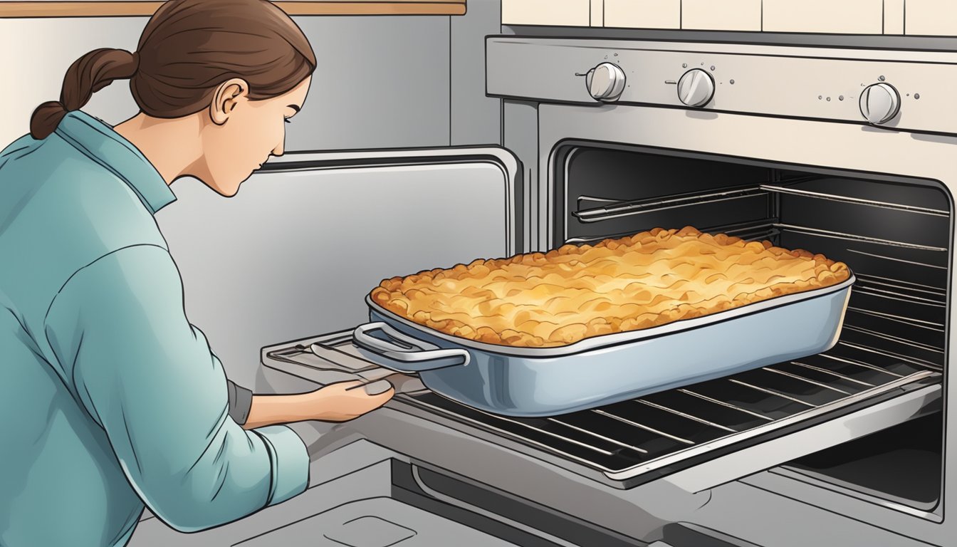 A person placing a beef shepherd's pie into a preheated oven, using oven mitts to ensure safety