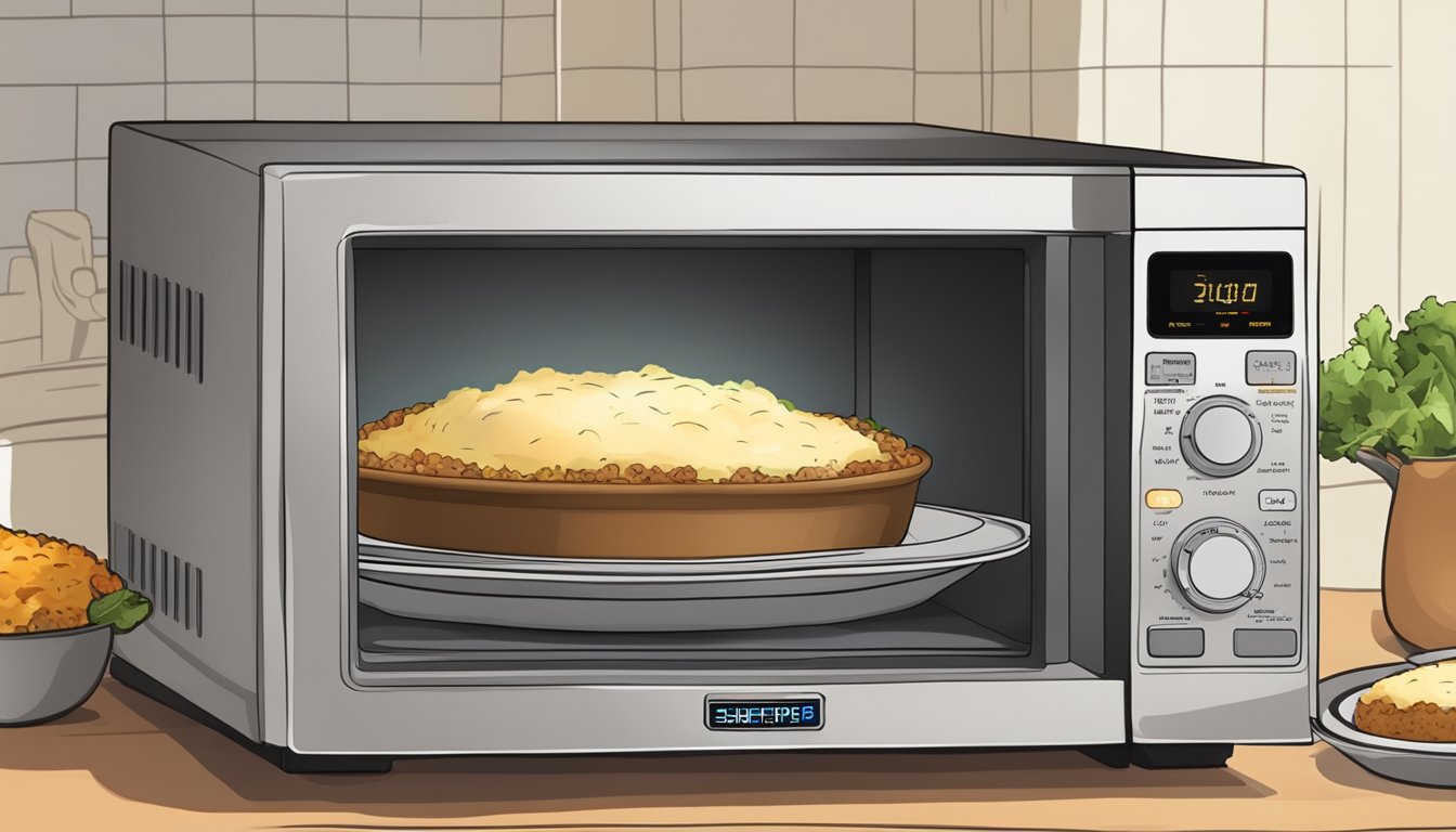 A microwave with a steaming plate of shepherd's pie inside, a timer set for reheating