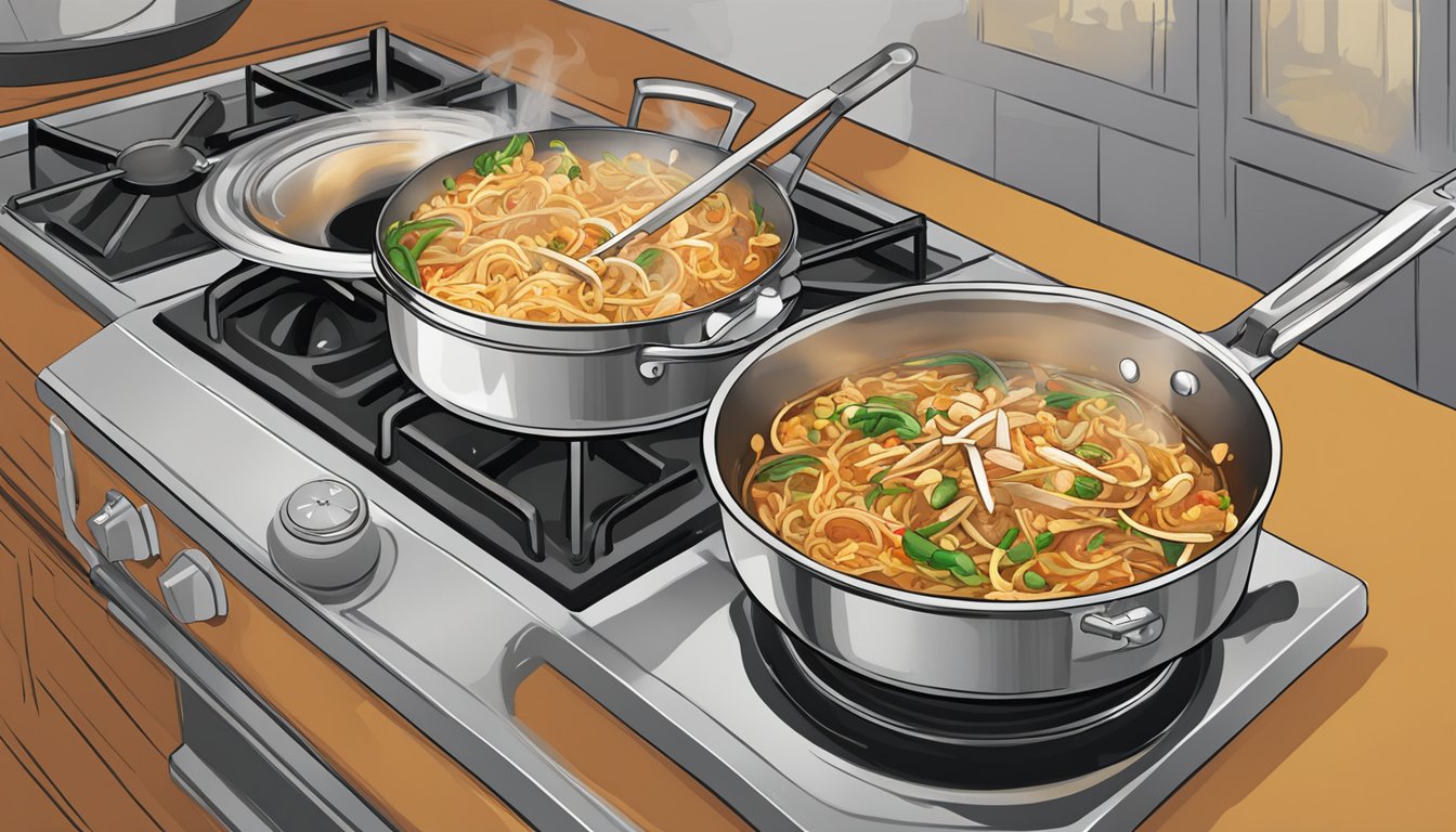 A pan with sizzling Pad Thai being stirred over a stovetop flame