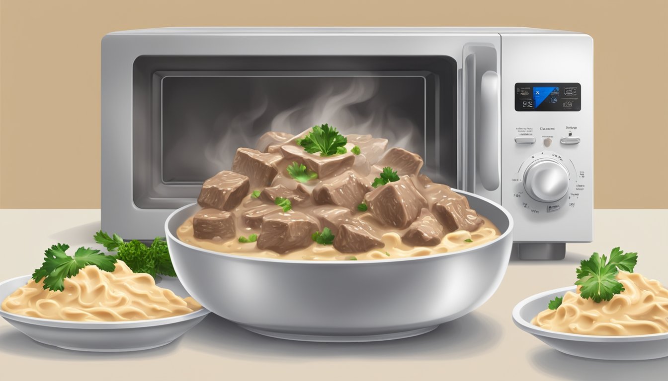 A steaming bowl of beef stroganoff being reheated in a microwave, with the creamy sauce bubbling and the tender chunks of beef glistening