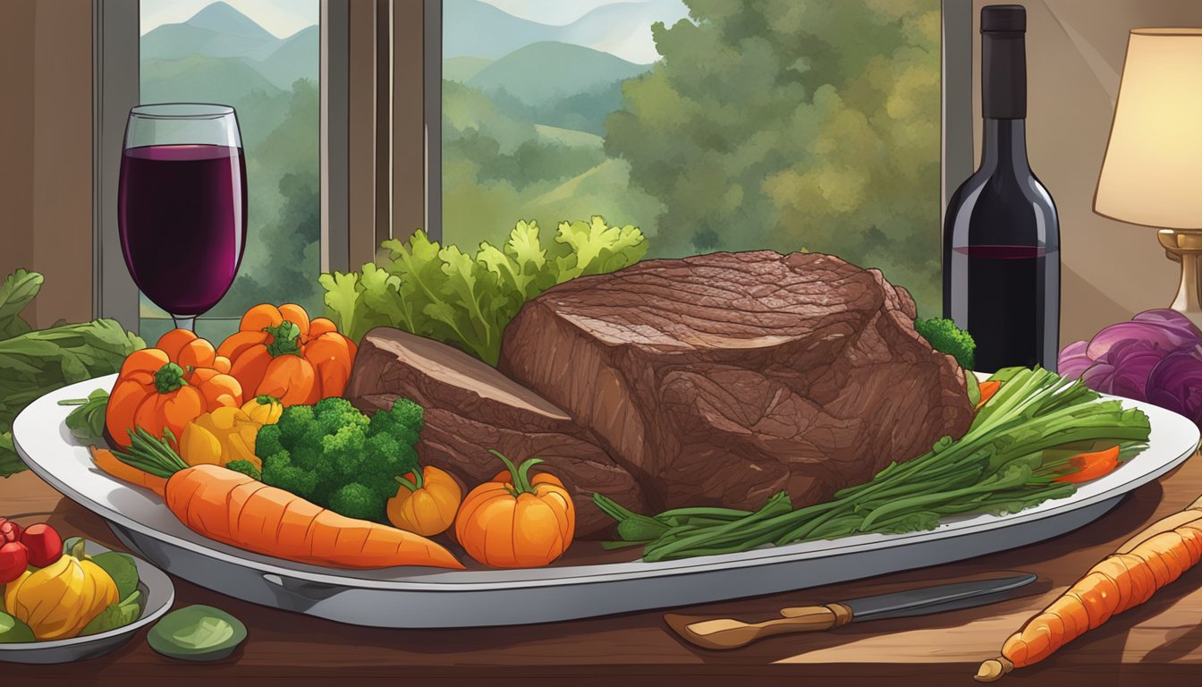 A steaming beef pot roast is being reheated in the oven, surrounded by a variety of colorful vegetables and herbs. A glass of red wine sits nearby