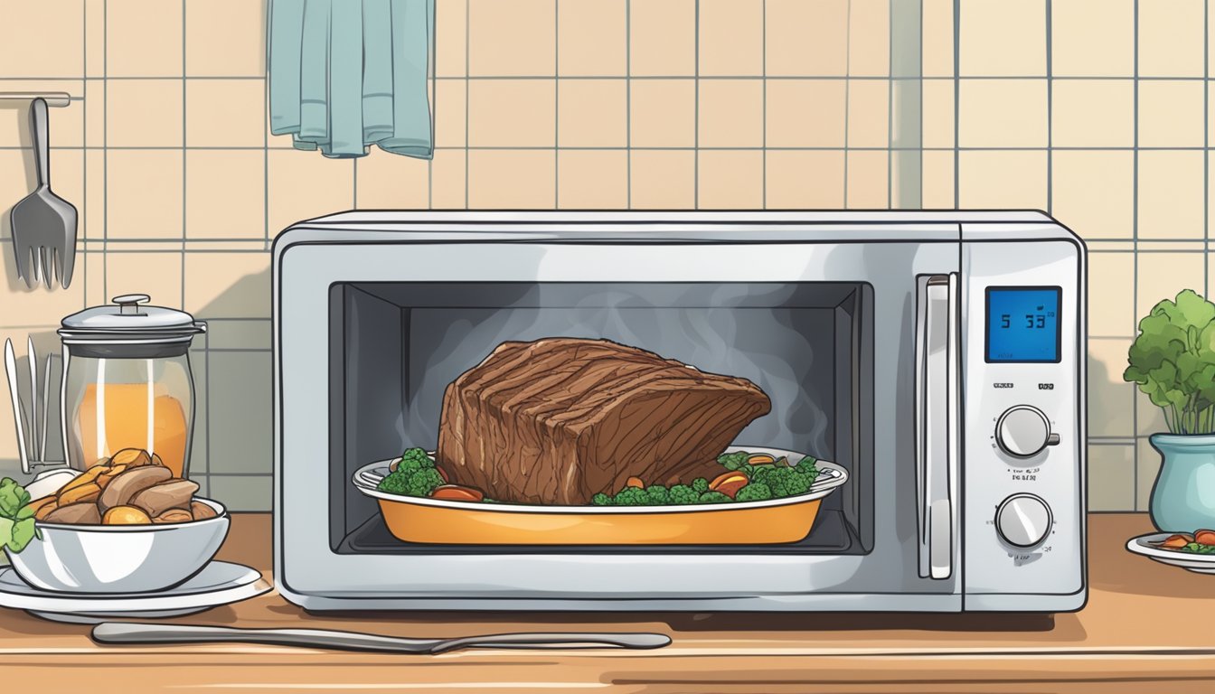 A person reheating beef pot roast in a microwave, with steam rising from the plate as they carefully check the temperature with a fork