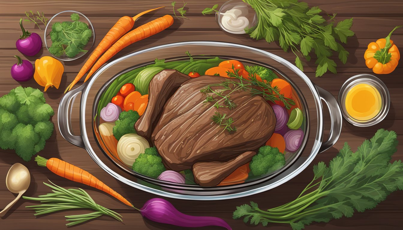 A steaming beef pot roast sits in a glass casserole dish on a wooden table, surrounded by colorful vegetables and herbs