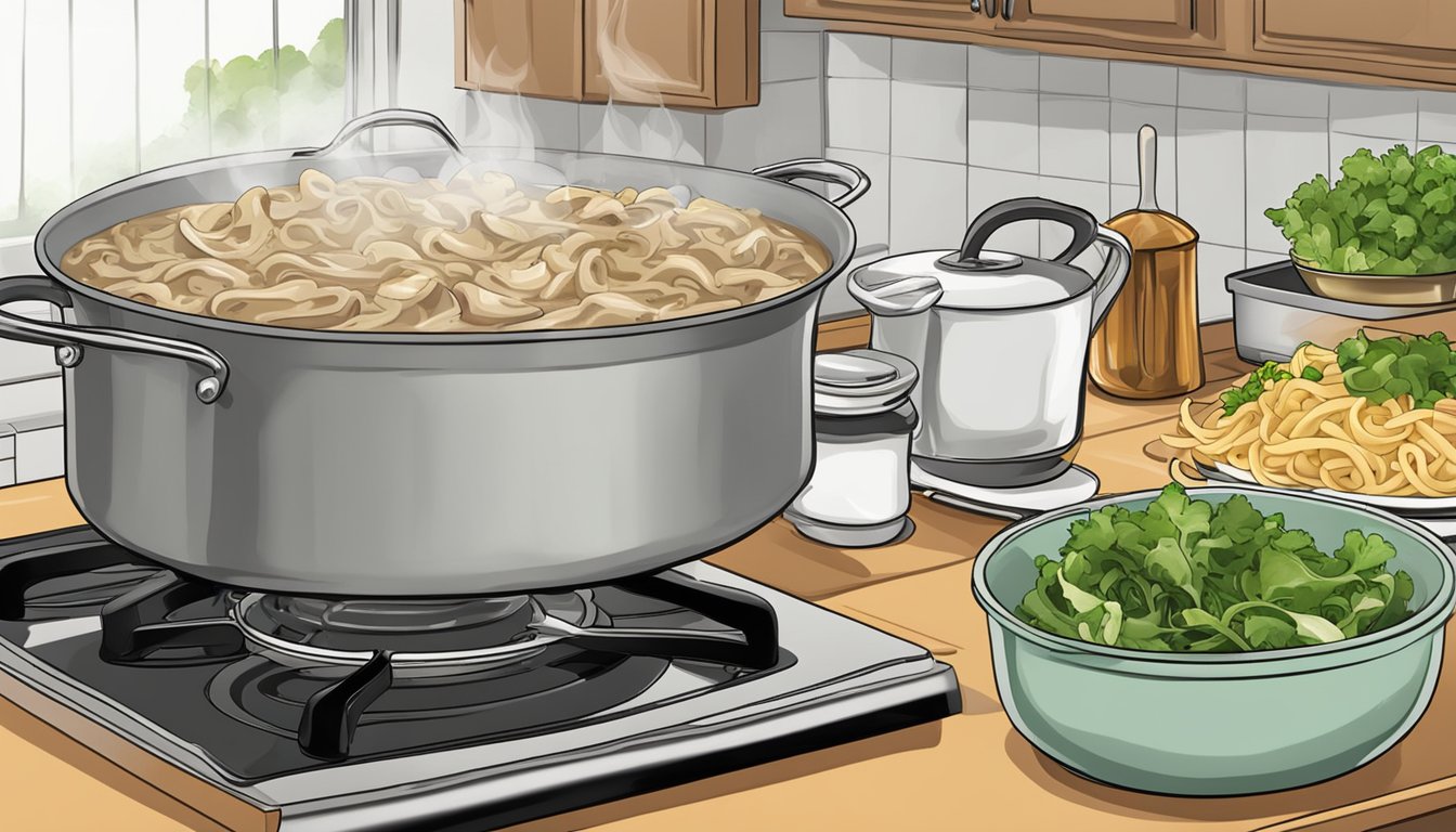 A pot of beef stroganoff sits on a stove, steam rising as it is reheated. A side dish of buttered noodles and a bowl of crisp green salad sit nearby