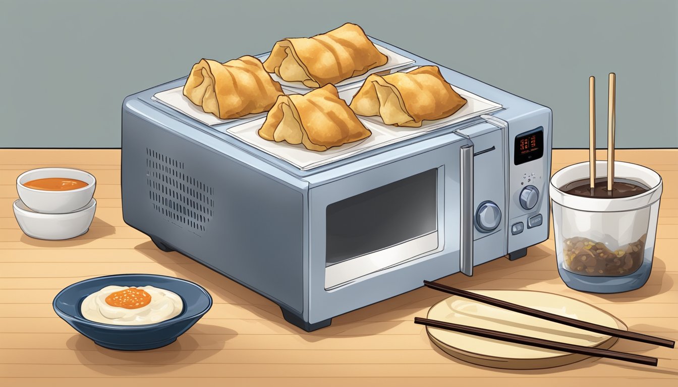 A microwave with a plate of beef potstickers covered with a damp paper towel, a pair of chopsticks, and a container of dipping sauce on the side