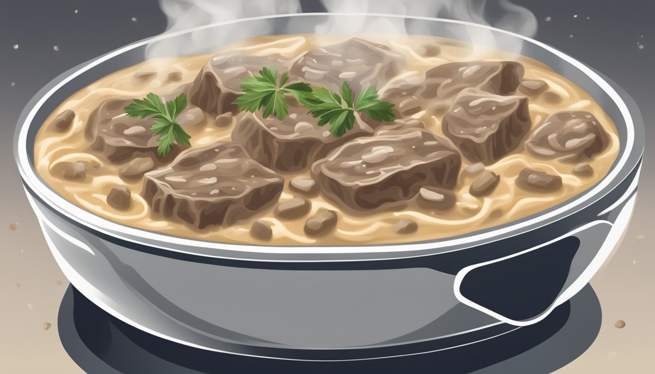 A steaming bowl of beef stroganoff being reheated in a microwave