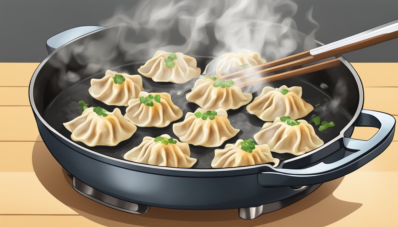 A plate of beef potstickers being reheated in a non-stick skillet over medium heat, with steam rising from the sizzling dumplings