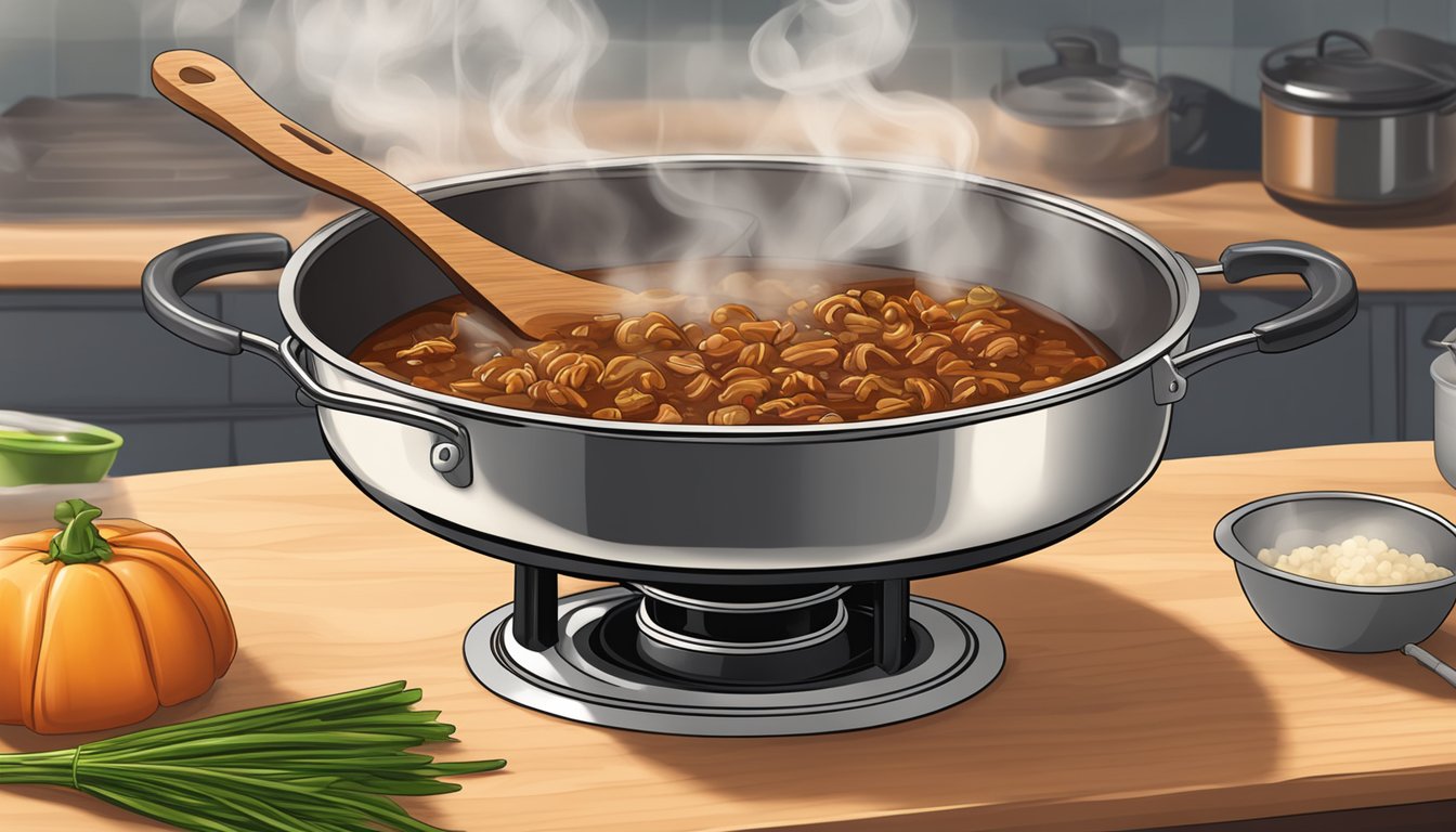 A pot of beef ragu simmering on a stovetop, steam rising, with a wooden spoon resting on the edge