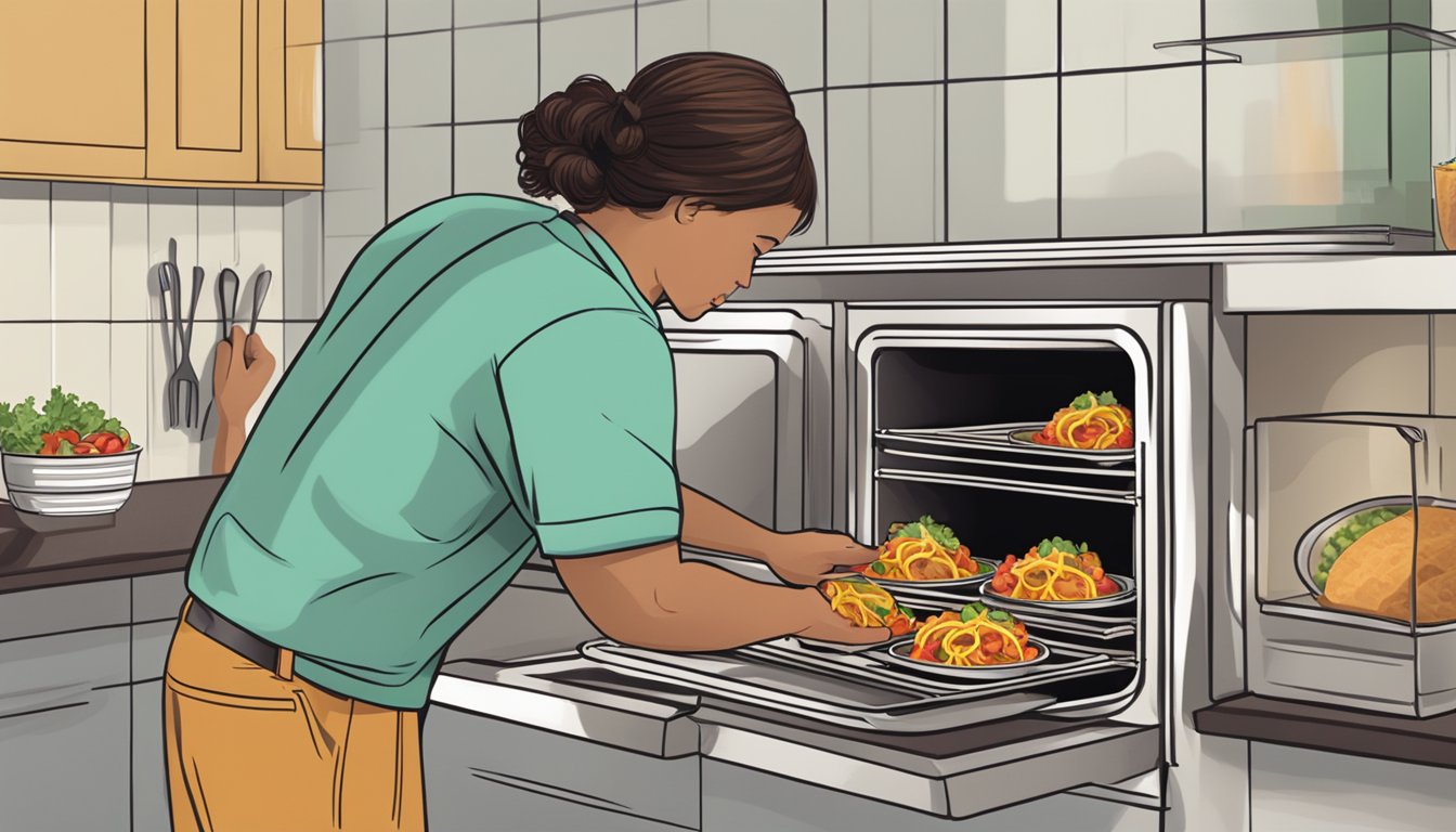 A person placing beef taco bowls in the oven