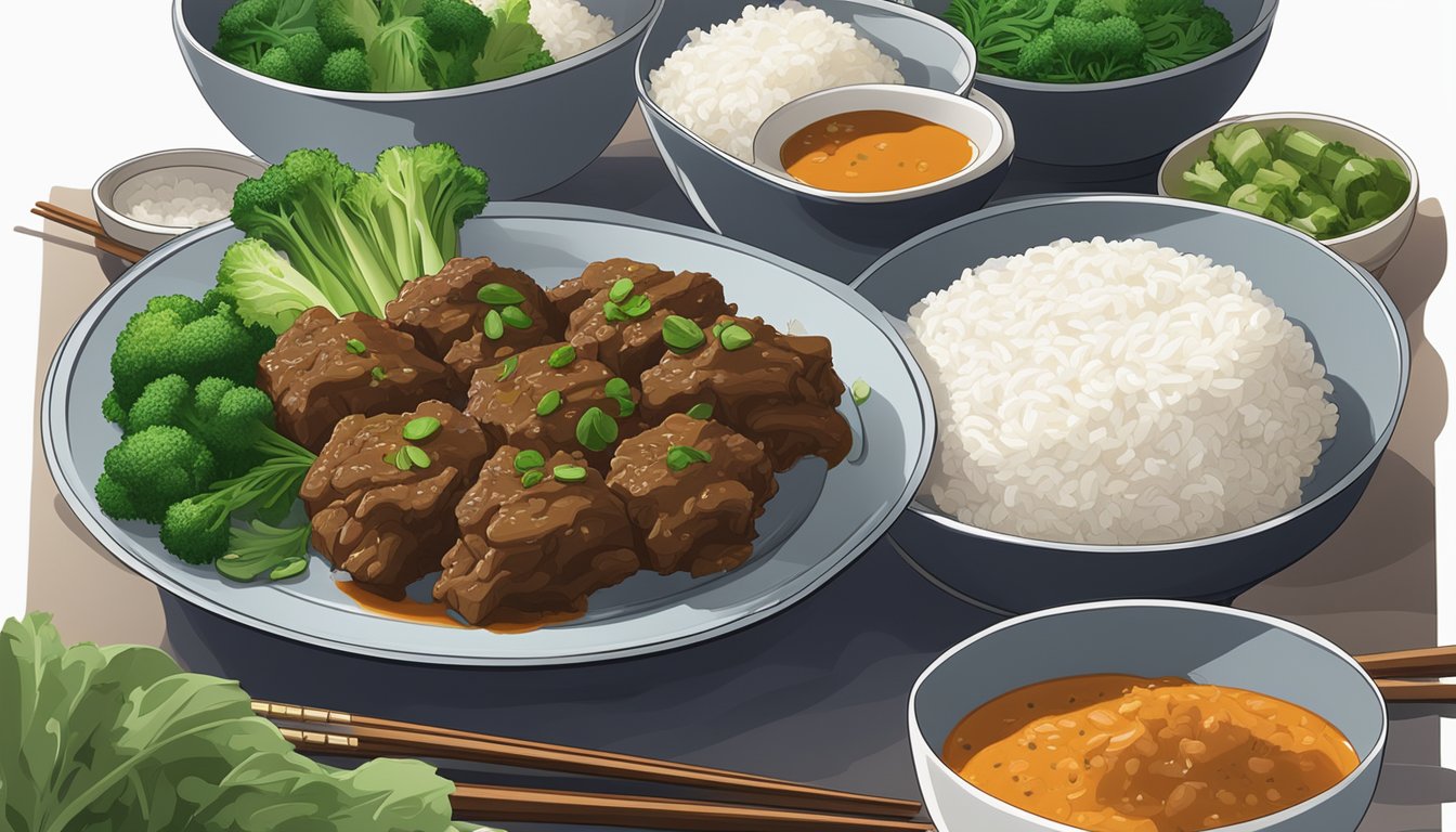 A steaming plate of beef rendang is surrounded by bowls of fluffy white rice and vibrant green steamed vegetables, with a pair of chopsticks resting on the side