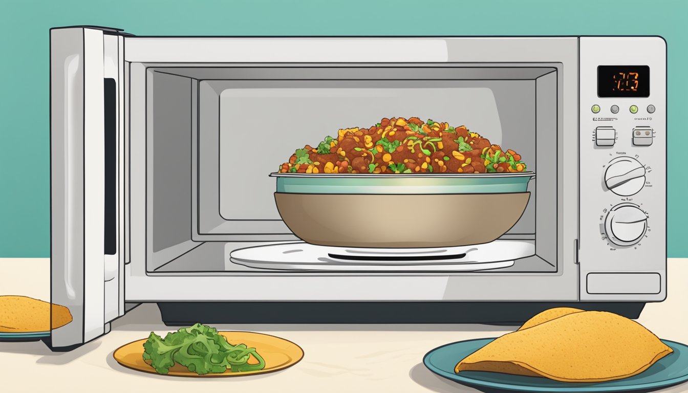 A microwave with a beef taco bowl inside, a timer set for reheating, and steam rising from the bowl