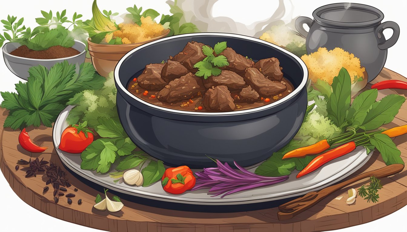 A steaming bowl of beef rendang sits on a rustic wooden table, surrounded by vibrant herbs and spices. Steam rises from the rich, fragrant dish