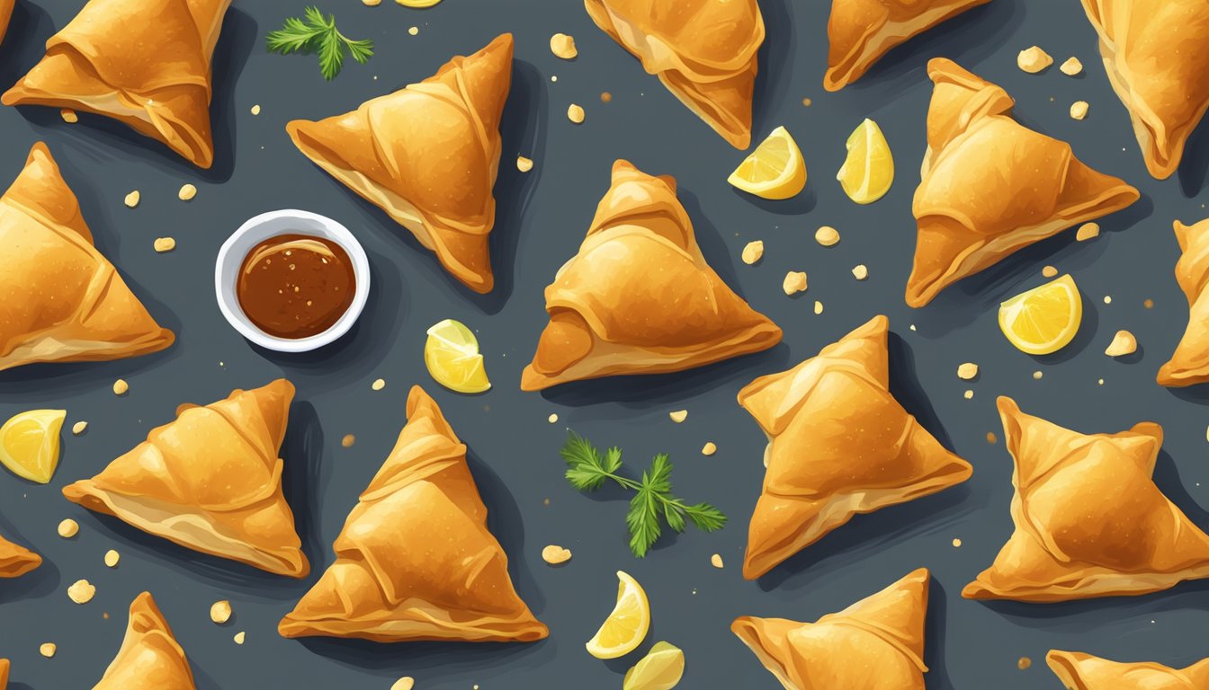 A plate of golden brown beef samosas arranged in a single layer on a baking sheet, with a light sprinkling of oil on top