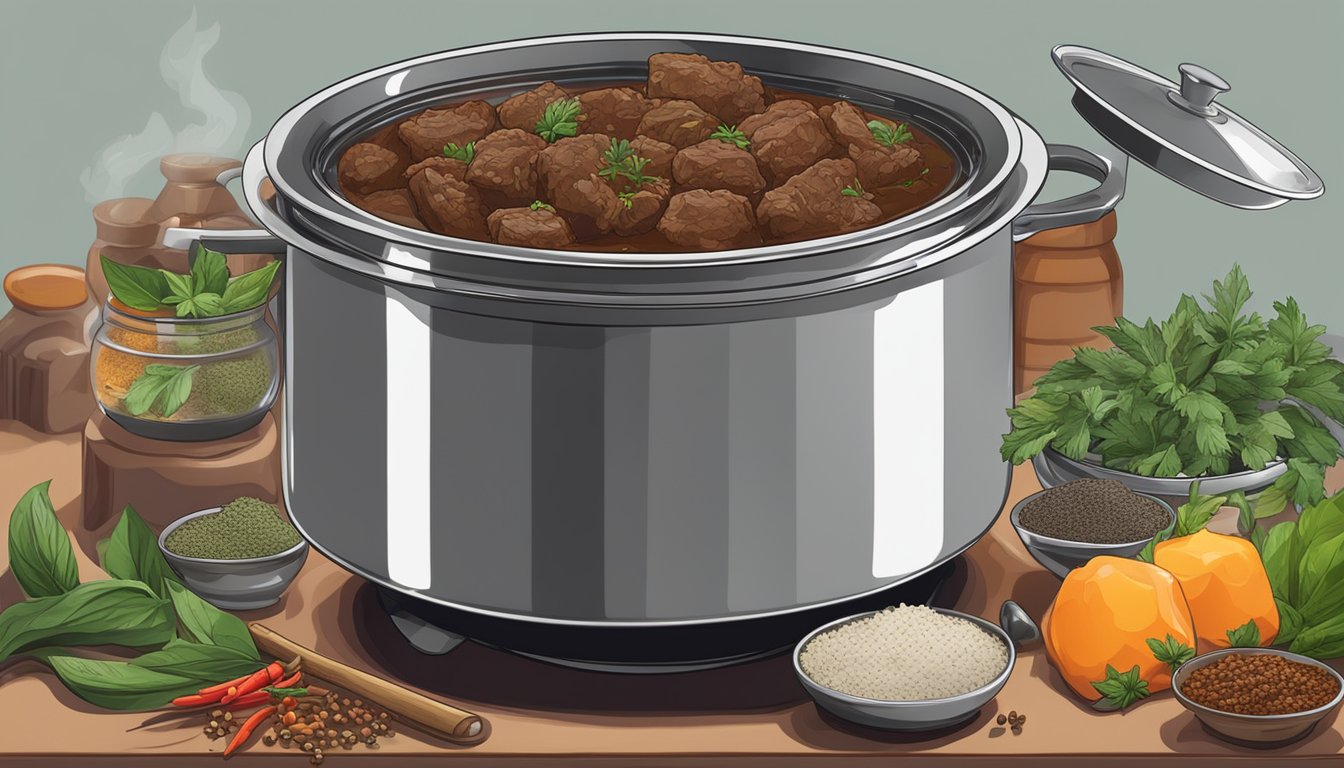 A steaming pot of beef rendang sits on a stovetop, surrounded by fragrant spices and herbs. A spoon rests on the edge of the pot