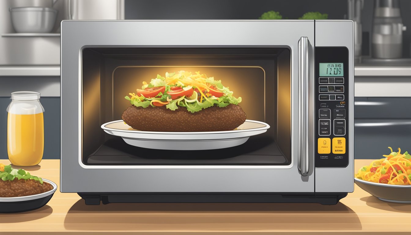 A microwave with a plate of beef taco bowls inside, a fork next to it, and steam rising from the food