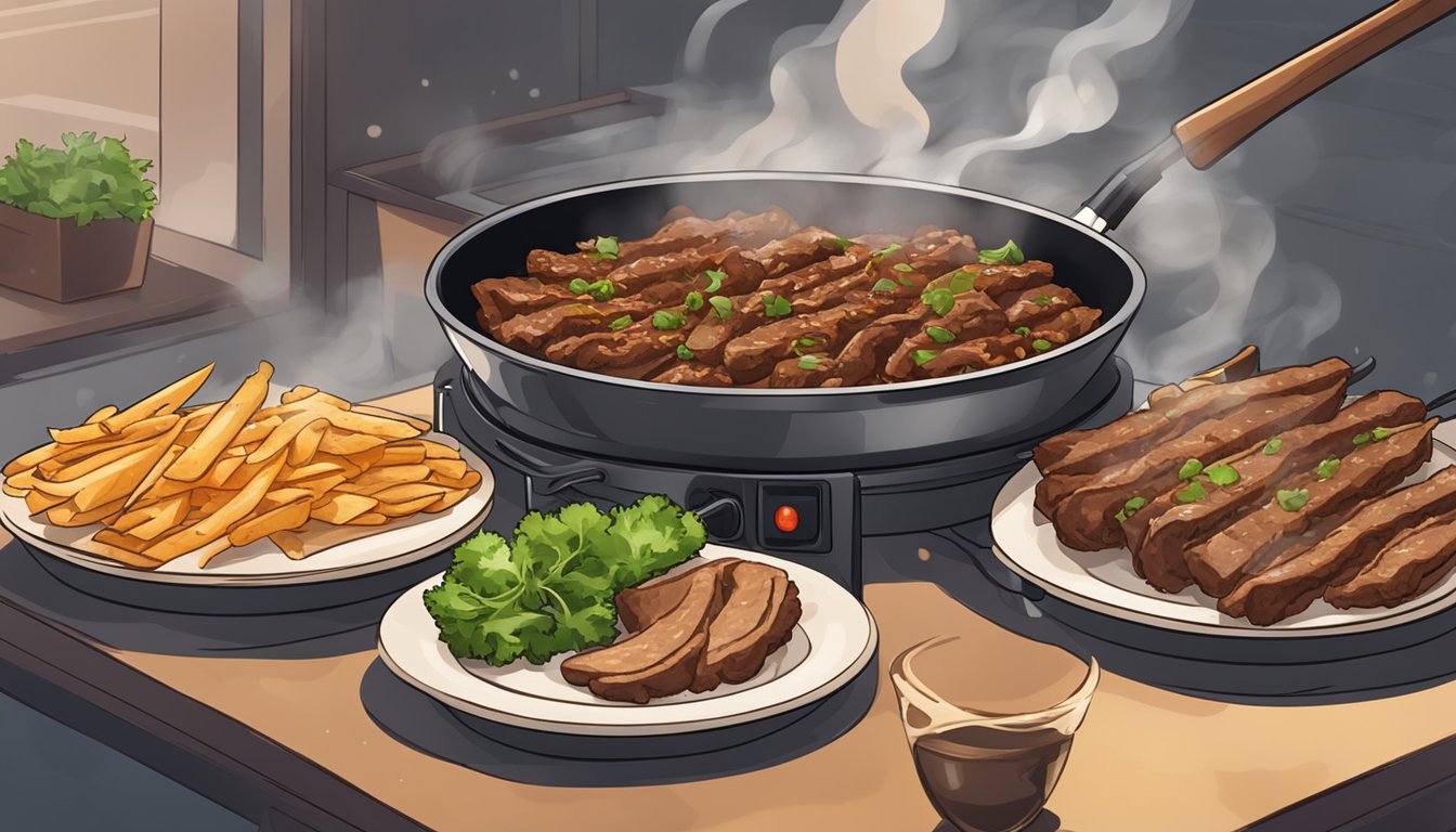 Sizzling beef shawarma being reheated on a hot skillet, filling the air with savory aroma