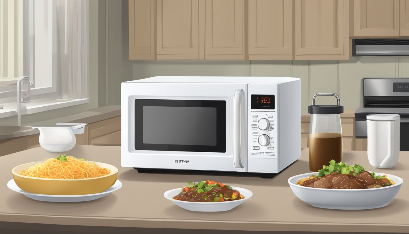 A microwave with a beef teriyaki bowl inside, a lid partially covering the bowl, and a timer set for reheating