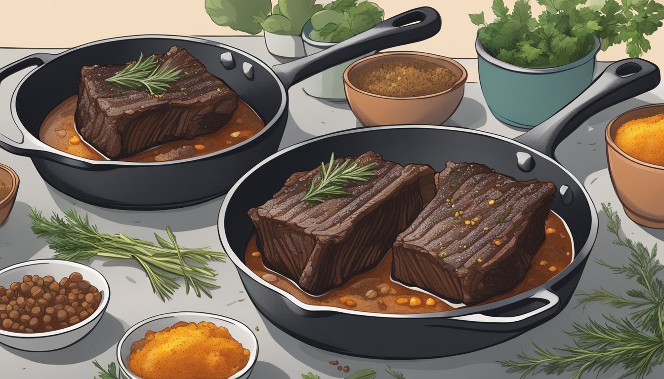 A pair of beef short ribs being gently reheated in a skillet, surrounded by aromatic herbs and spices