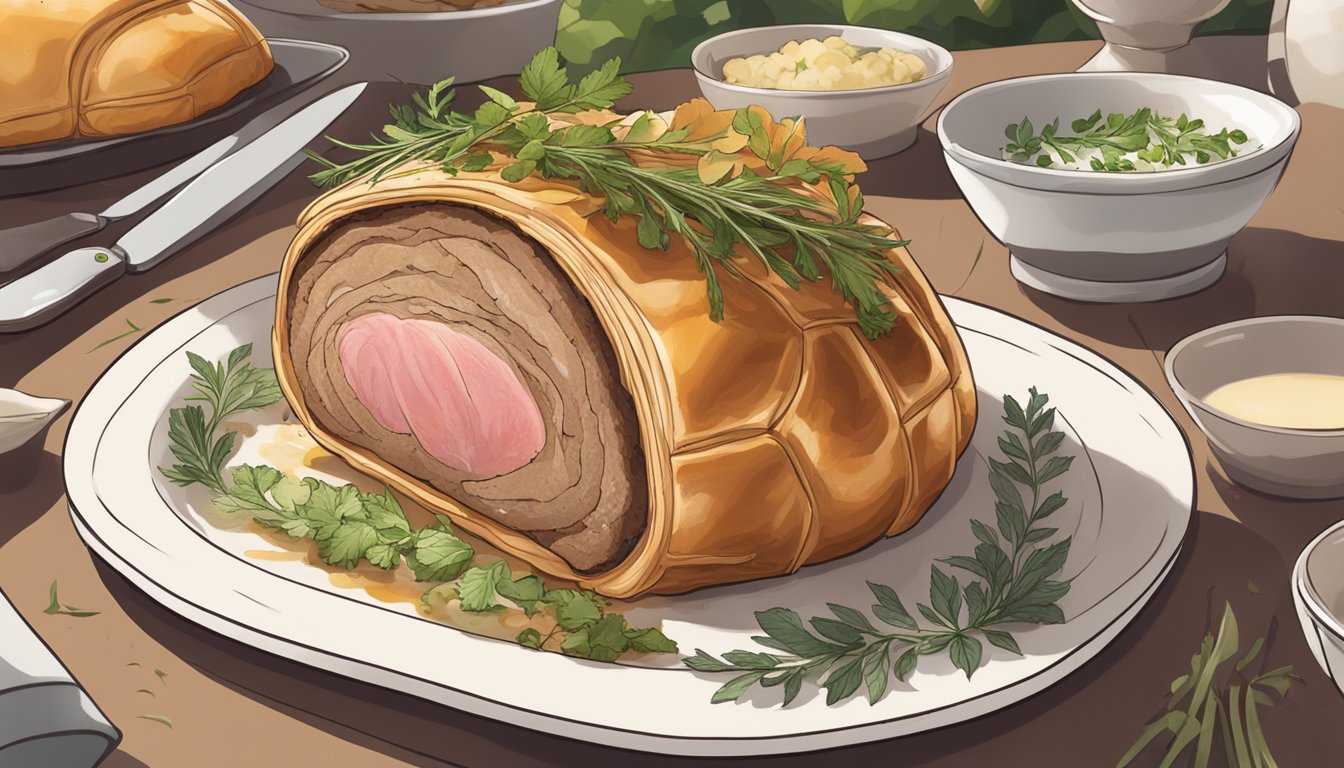 A golden-brown Beef Wellington sits on a white serving platter, surrounded by fresh herbs and garnishes. Steam rises from the perfectly cooked pastry as it is being sliced