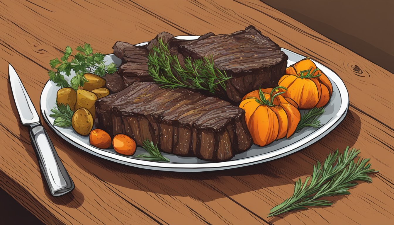 A plate of reheated beef short ribs with a side of roasted vegetables and a sprig of fresh herbs, placed on a rustic wooden table