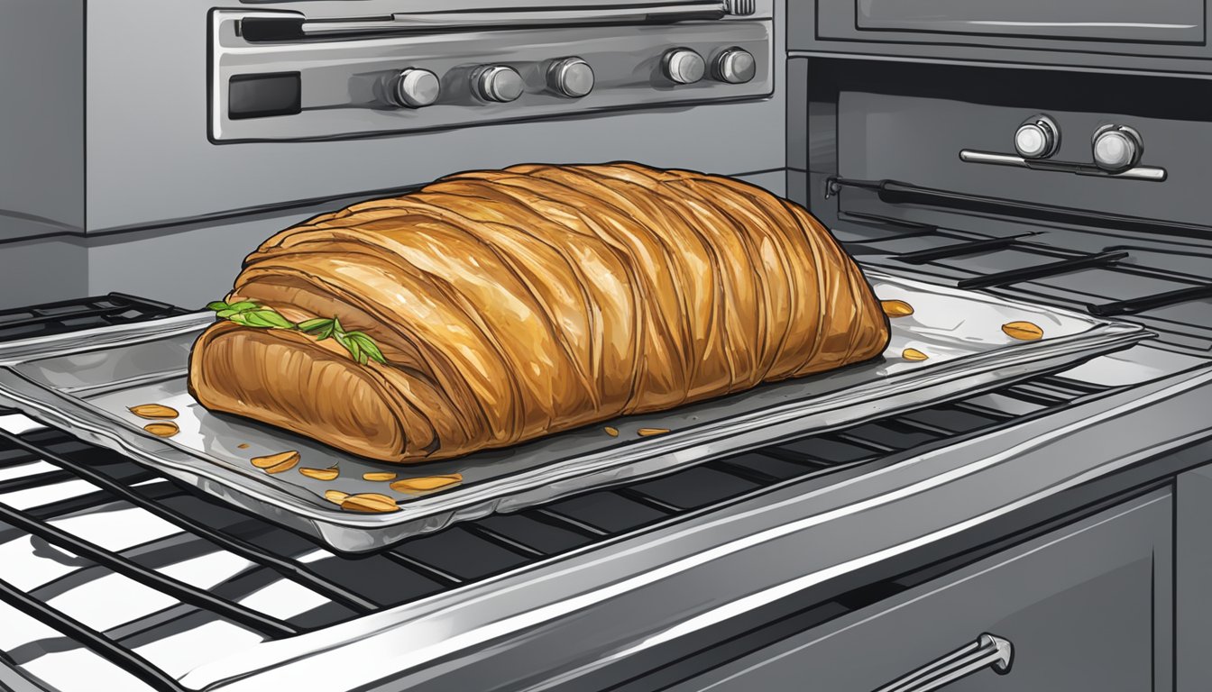 A foil-wrapped Beef Wellington sits on a baking sheet next to a preheated oven