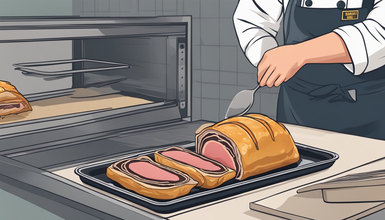 A chef placing a slice of beef wellington onto a baking sheet, preparing to reheat it in the oven