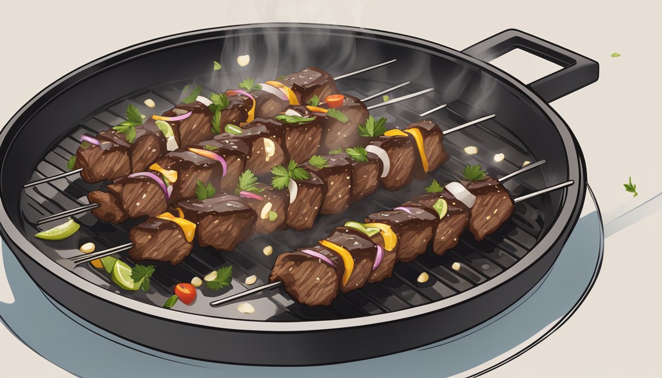 A plate of beef souvlaki being gently reheated on a non-stick pan over a low flame, with a spritz of oil and a sprinkle of herbs for added flavor