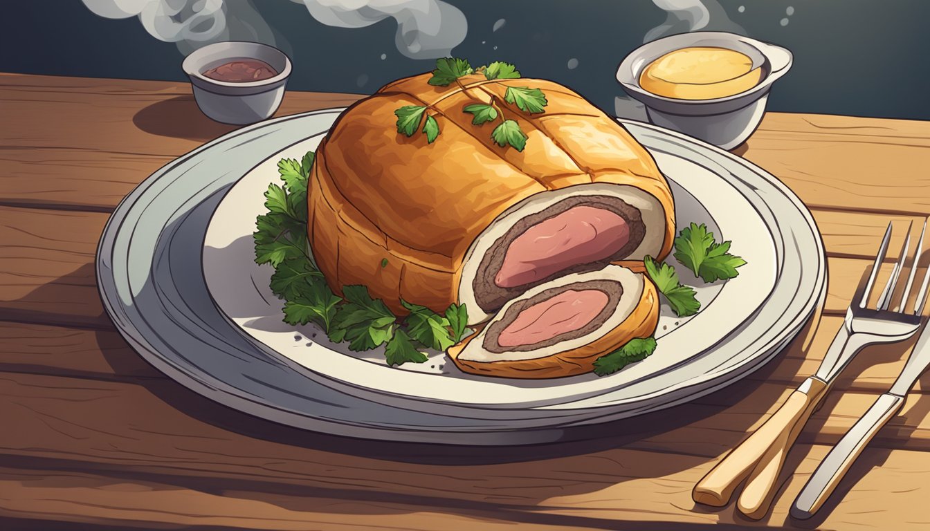 A plate with reheated Beef Wellington, surrounded by steam, on a wooden table