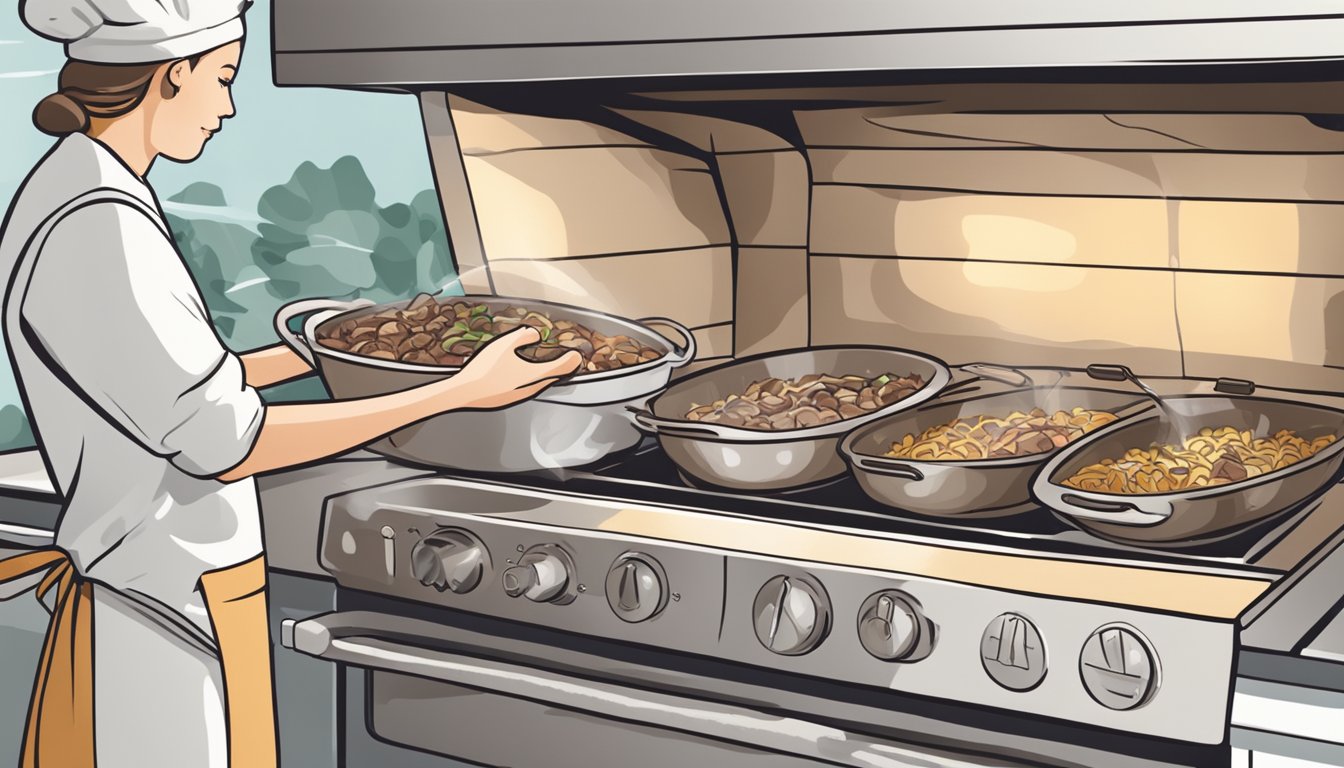 A person placing beef stroganoff bowls in the oven. Timer set. Ingredients and utensils laid out on the counter