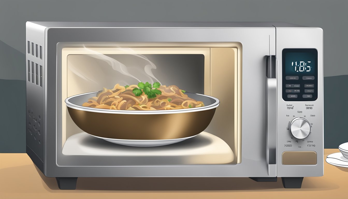 A microwave with a beef stroganoff bowl inside, steam rising, a fork beside it, and a timer counting down