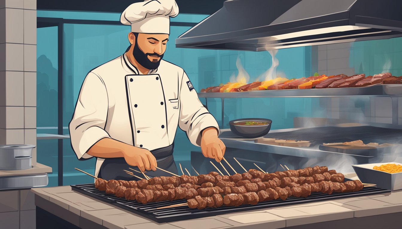 A chef arranging marinated beef chunks on skewers for souvlaki. A grill sizzling in the background